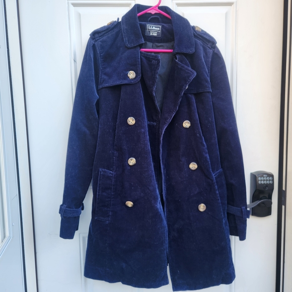 Women's Double Breasted Navy Blue Corduroy Belted Trenchcoat Size Medium - Picture 3 of 14